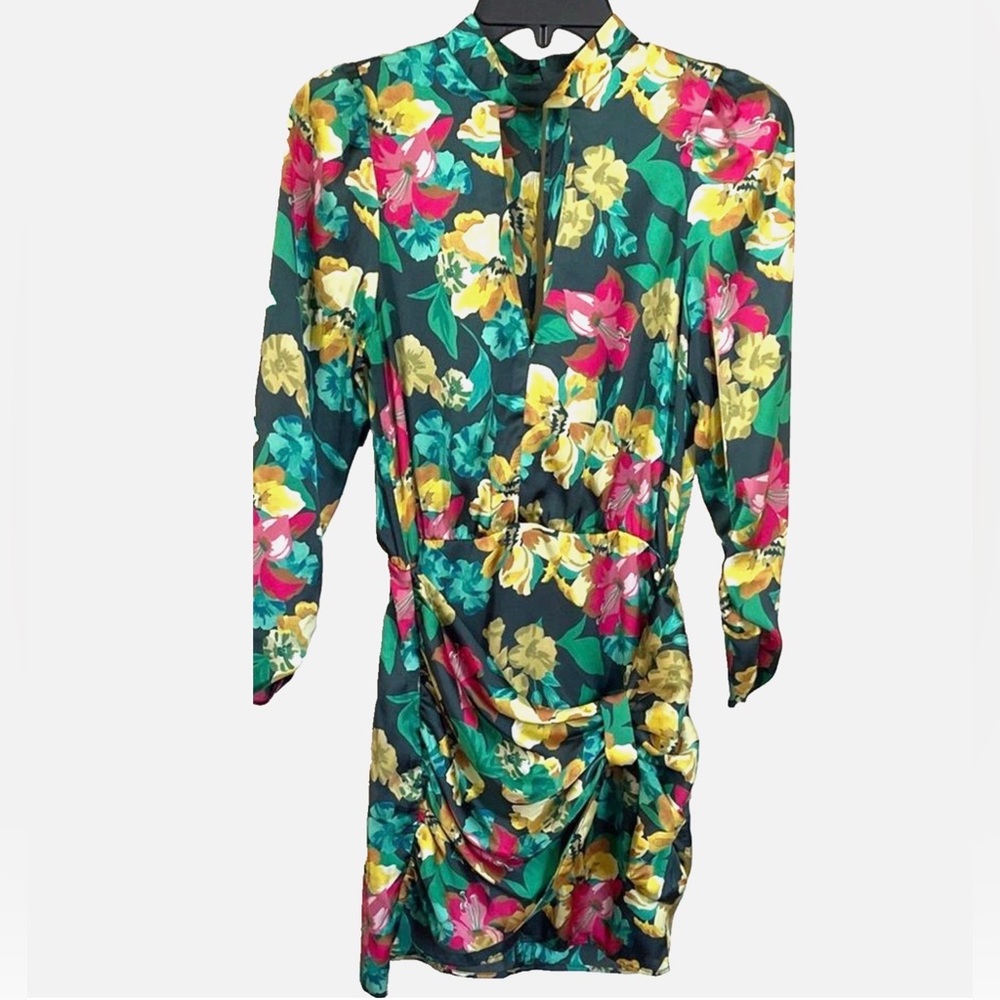 Zara Ruched Floral Mini Dress XS Green Pink Long Sleeve Cocktail Party